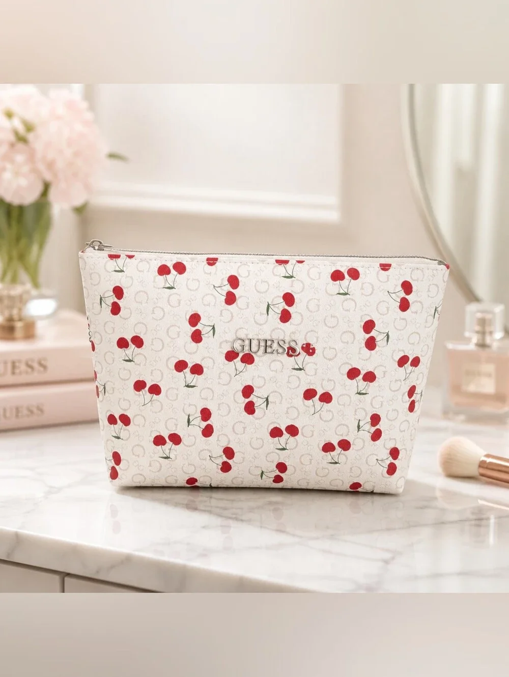 GUESS Cream & Red Cherry Print Cosmetic Makeup Bag